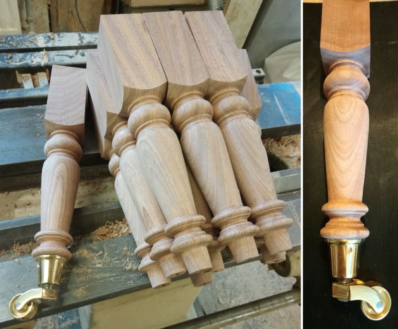 Spigots on the end of stool legs turned to fit the castor